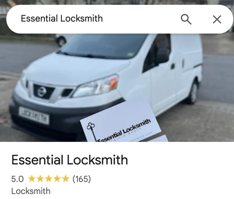 Essential Locksmith Google business profile showing a 5.0 rating